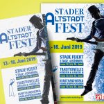 Poster und Flyer mit dem Titel "Stader Altstadtfest". Abgebildet ist ein Mann mit Hut und E-Gitarre.