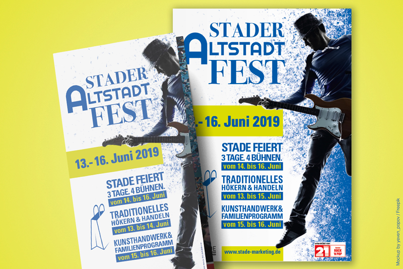 Poster und Flyer mit dem Titel "Stader Altstadtfest". Abgebildet ist ein Mann mit Hut und E-Gitarre.