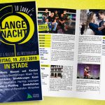 Die Vorderseite einer Broschüre mit der Aufschrift "Lange Nacht, Kunst und Kultur bis Mitternacht - Freitag, 19. Juli 2019 in Stade" und die geöffnete Broschüre mit Veranstaltungstexten und Bildern von Tänzern.