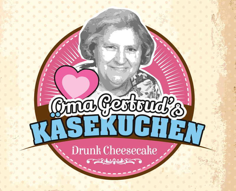 Logo einer älteren Dame. Aufschrift: Oma Gertrud's Käsekuchen – Drunk Cheesecake